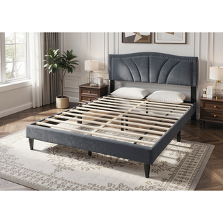 Sunvega Modern Charcoal Burlap Upholstered Headboard with Nailhead Trim