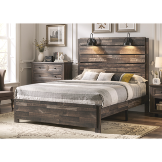 Sunvega Rustic Weathered Brown King Size Platform Bed with Decking Headboard and Lamps
