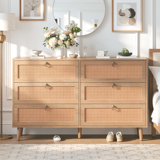 Sunvega Modern 6-Drawer Double Dresser with Rattan Drawers for Bedroom Storage