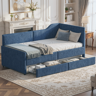 Sunvega L-Shaped Semi-Enclosed Upholstered Corduroy Daybed Frame with 2 Storage Drawers