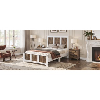 Sunvega White Farmhouse Queen Platform Bed with Wooden Strip Decoration and Plywood Slats