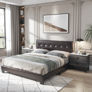 Sunvega Queen Size Brown Faux Leather Contemporary Rectangle Headboard