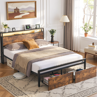 Sunvega Queen Size RGB LED Bed Frame with Storage Headboard and Charging Station