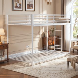 Sunvega Low Bunk Bed with Reversible Ladder and Full Metal Construction in Matte White