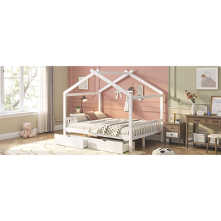 Sunvega Natural Wood Full Size House Platform Bed with Two Storage Drawers