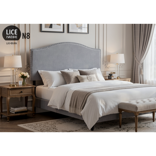 Sunvega Queen Size Upholstered Grey Leather Look Headboard with Silver Nailhead Trim