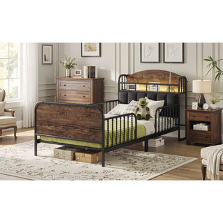 Sunvega Kids Full Metal Bed with Upholstered Headboard LED Lights and Storage