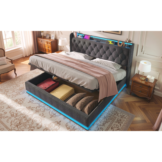 Sunvega Full Size Upholstered Bed with 360 LED Lighting Hydraulic Storage and USB Charging