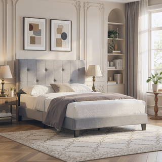 Sunvega King Size Upholstered Platform Bed with Button Tufted Linen Headboard