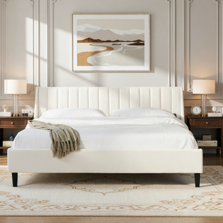 Sunvega Handmade Vertical Tufted Headboard Platform Bed Set in Light Beige Linen