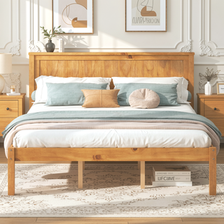 Sunvega Sturdy Wood Platform Bed Frame with Headboard for Queen Size Oak Finish