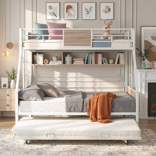 Sunvega Twin Over Full Metal Bunk Bed with Trundle and Guardrail for Bedroom