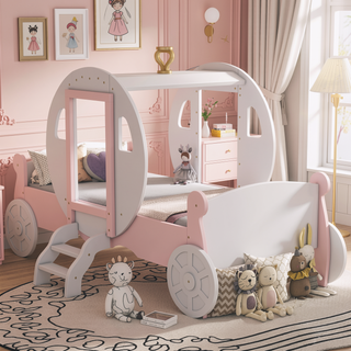 Sunvega Twin Size Princess Carriage Bed with Crown Wood Platform and Stair