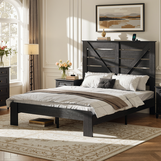 Sunvega Full Size Metal Platform Bed Frame with Headboard and Under Bed Storage