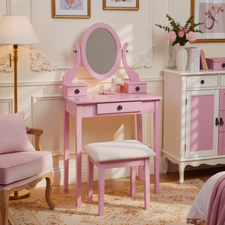 Sunvega Pink Wood Makeup Vanity Table and Stool Set with Mirror and Storage Drawers