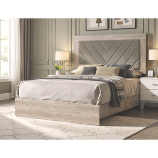 Sunvega Contemporary Cream Queen Size Bed with V-Design Headboard in Gray