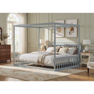 Sunvega Wooden Canopy Frame Floor Bed with Guardrails for Safety and Privacy