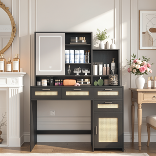 Sunvega Makeup Vanity with 3 Color Lights Openable Mirror 4 Drawers Rattan Dresser
