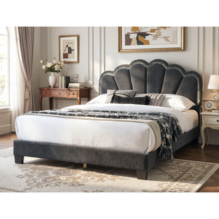 Sunvega Full Size Bed with Floral Design Headboard in Charcoal Wool Fabric