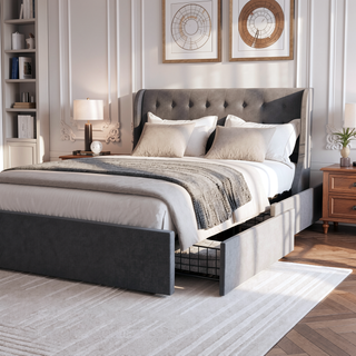 Sunvega Dark Grey Full Size Bed Frame with 4 Storage Drawers and Wingback Headboard