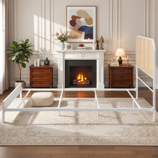 Sunvega Coastal White Queen Metal Bed with Radio Weave Rattan Headboard