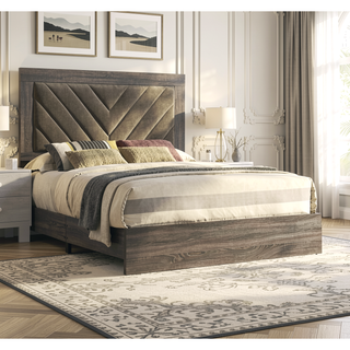 Sunvega Queen Size Upholstered Bed with V Shaped Headboard in Gray Finish