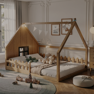 Sunvega Full Size Wood House Bed with Fence Window and LED Lights