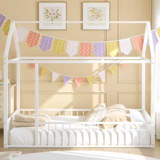 Sunvega Full Size Playhouse Metal Bed Frame with Fence for Kids and Teens