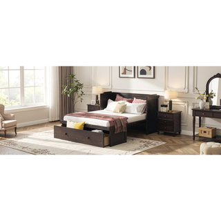 Sunvega Espresso Full Size Murphy Bed with USB Port and Large Drawer for Space Saving