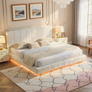 Sunvega King Boucle Floating Bed with Lights and Anti-Collision Corners