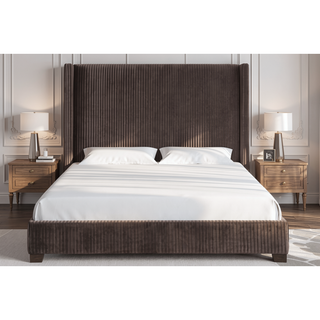 Sunvega Queen Upholstered Pleated Bed in a Box with Sturdy Dark Brown Frame