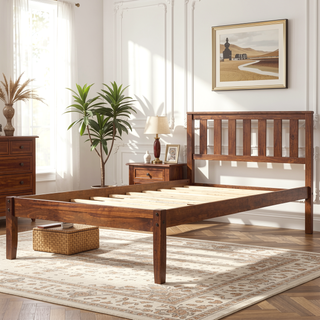 Sunvega Solid Pine Wood Platform Bed with Headboard and Slat Support Twin Walnut