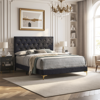 Sunvega Black and Gold Diamond Tufted Upholstered Eastern King Panel Bed Frame