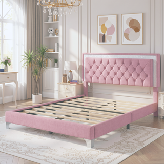 Sunvega Queen Size Upholstered Velvet Bed Frame with LED Lights and Tufted Headboard