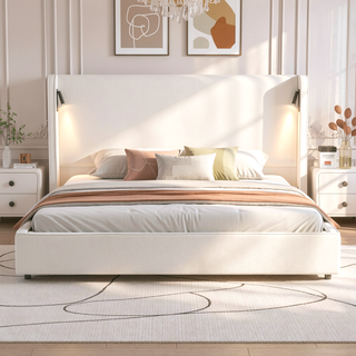 Sunvega King Size Upholstered Bed Frame with High Wingback Headboard and Reading Lamp