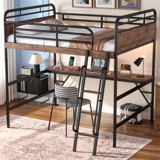 Sunvega Full Metal Loft Bed with Desk, LED Lights, Charging Station, and Safety Stairs