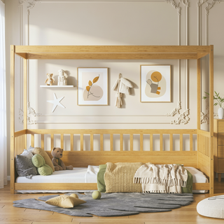 Sunvega Kids Twin Size Floor Canopy Bed with Guardrails and Four Poster Design