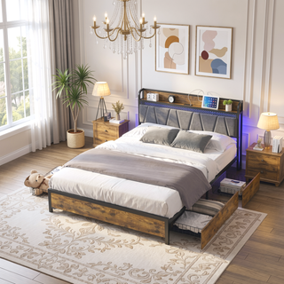 Sunvega Queen Bed Frame with Storage Headboard USB Outlets LED Lights and 4 Drawers