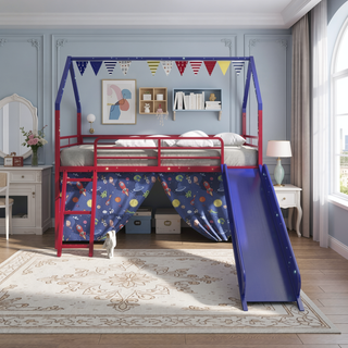 Sunvega Marvel Superhero Metal Twin Loft Bed with Slide and Curtain Set