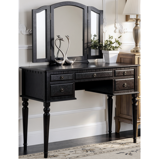 Sunvega Contemporary Black Rubber Wood Vanity Set with Foldable Mirror and Stool