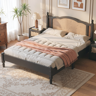 Sunvega Queen Size Wooden Platform Bed with Natural Rattan Headboard and Wooden Slat Support