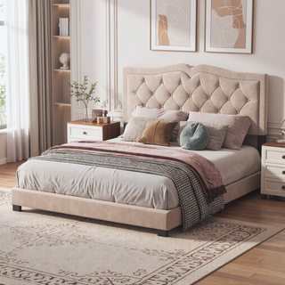 Sunvega Queen Size Upholstered Bed Frame with Tufted Velvet Headboard and Rivet Design