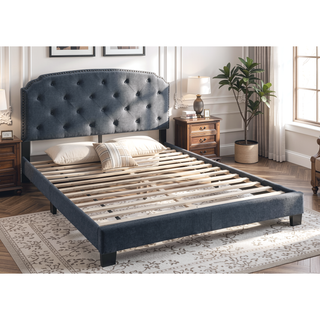 Sunvega Queen Size Charcoal Burlap Button Tufted Headboard Bed with Nailhead Trim