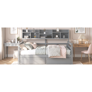 Sunvega Twin Size Daybed with Wood Slat Support, Bedside Shelf, and Two Drawers