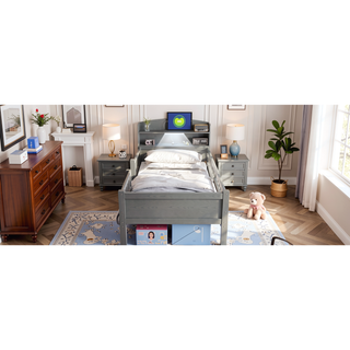 Sunvega White Twin Size Wood Platform Bed with LED Light Headboard and 2 Drawers