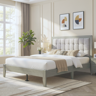 Sunvega Solid Wood King Bed with Upholstered Headboard in Grace Grey Finish