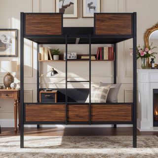 Sunvega Modern Full over Full Bunk Bed with Safety Rail and Built-in Ladder