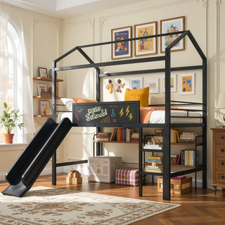 Sunvega Twin Size Metal Loft Bed with Slide and Two-Sided Writable Wooden Board