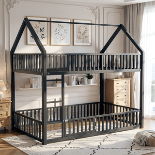 Sunvega Sturdy Metal Twin over Twin House Bunk Bed with Fence and Door