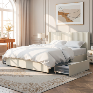 Sunvega Ivory Velvet Upholstered Wingback Queen Platform Bed with 2 Storage Drawers